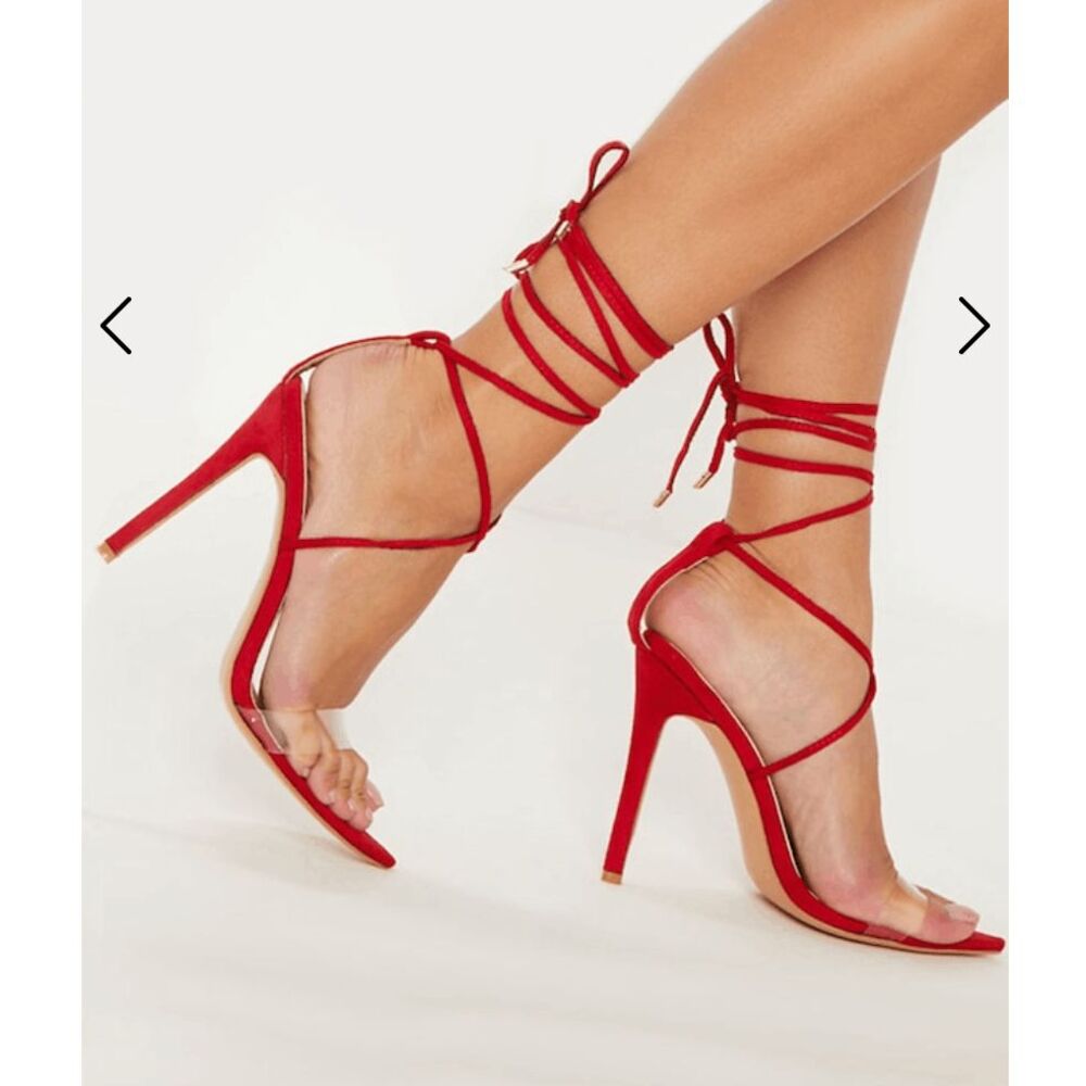 PrettyLittleThing Red Clear Strap Point Toe Barely There Sandal, Sz 8, MP $60